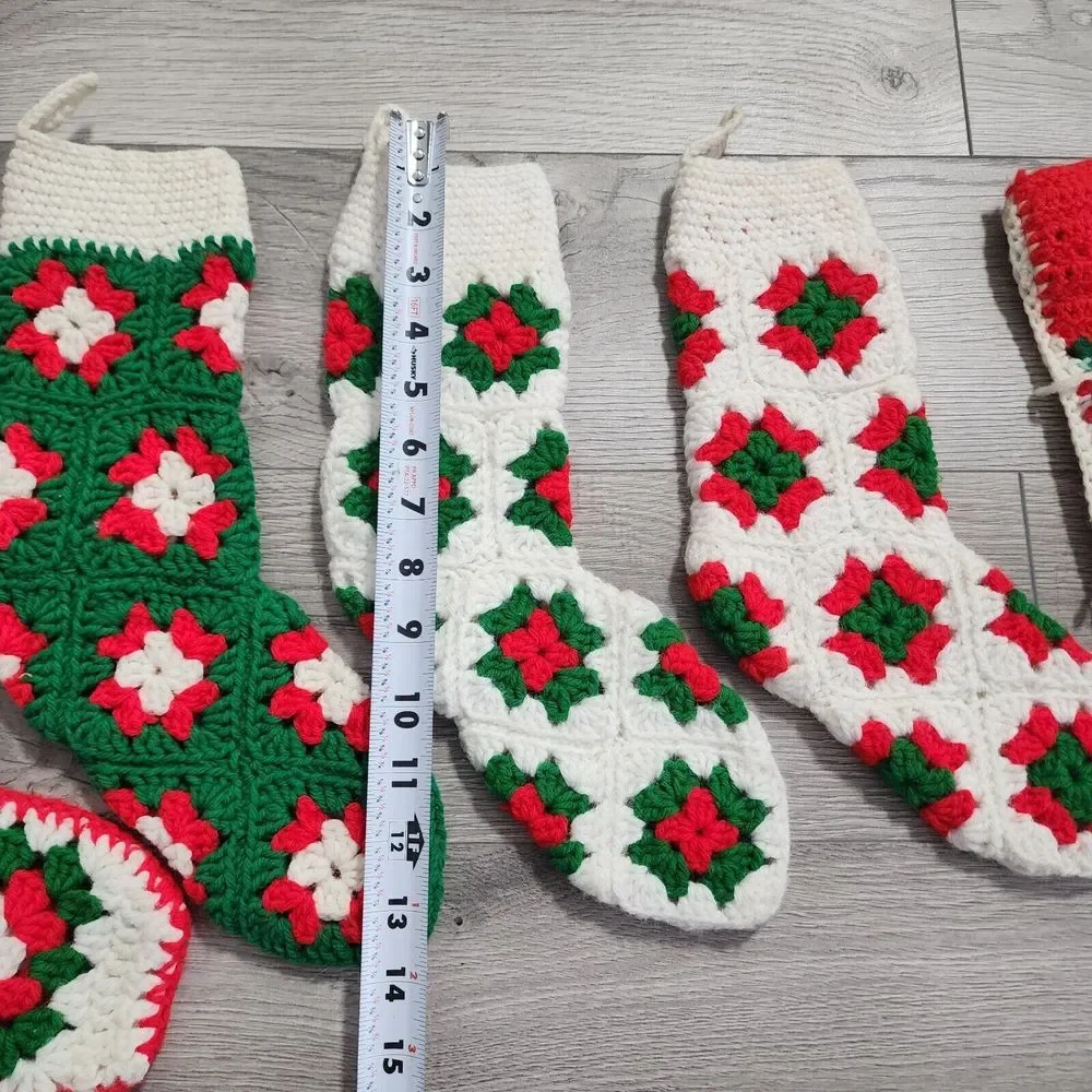 Lot of 5 Granny Square‎ Christmas Stockings Crochet Afghan Red Green White Boho
